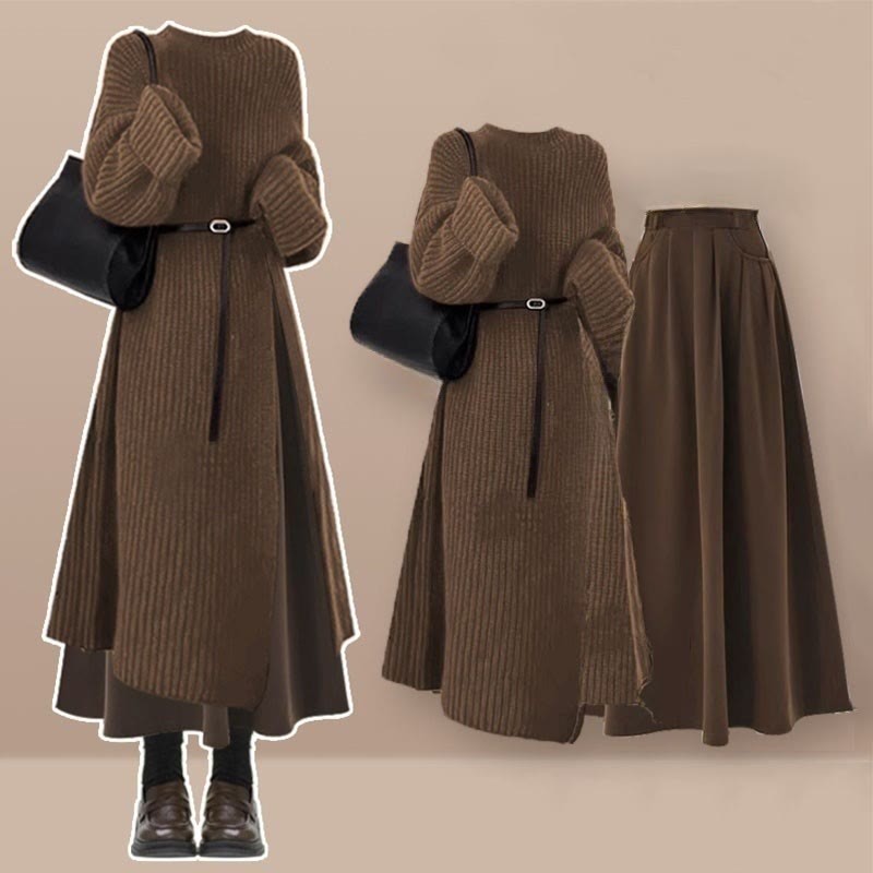 Strickkleid mit Gürtel und kariertem Rock, zweiteiliges Set - Set C - XL - image 3