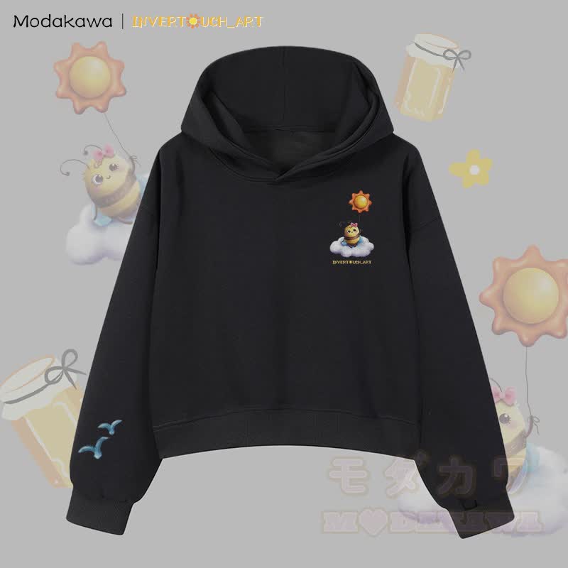 MODAKAWA X INVERTOUCH_ART Cloud Bee Graphic Modakawa Cropped Cotton Hoodie - Black C - 3XL - image 6