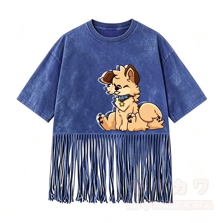 MODAKAWA X popipeko Siting Puppy Graphic Washed Fringe T-Shirt - Blau - 5XL - image 6