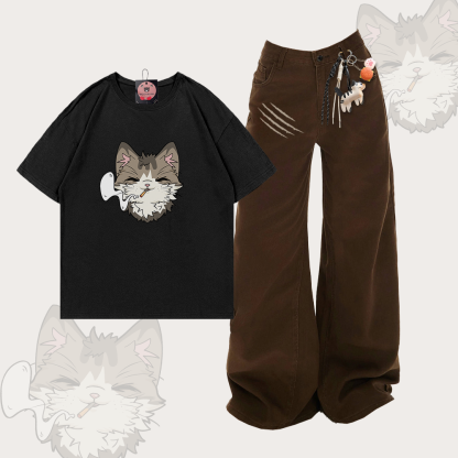T-Shirt mit Raucherkatzen-Motiv aus 100 % Baumwolle, dazu passende Jeans von Modakawa - Set B - XL - image 2