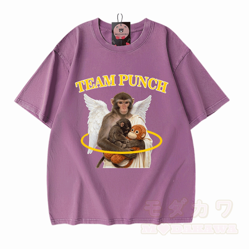 TEAM PUNCH Angel Monkey Graphic Modakawa Unisex Vintage Washed T-Shirt - Lila - 5XL - image 8