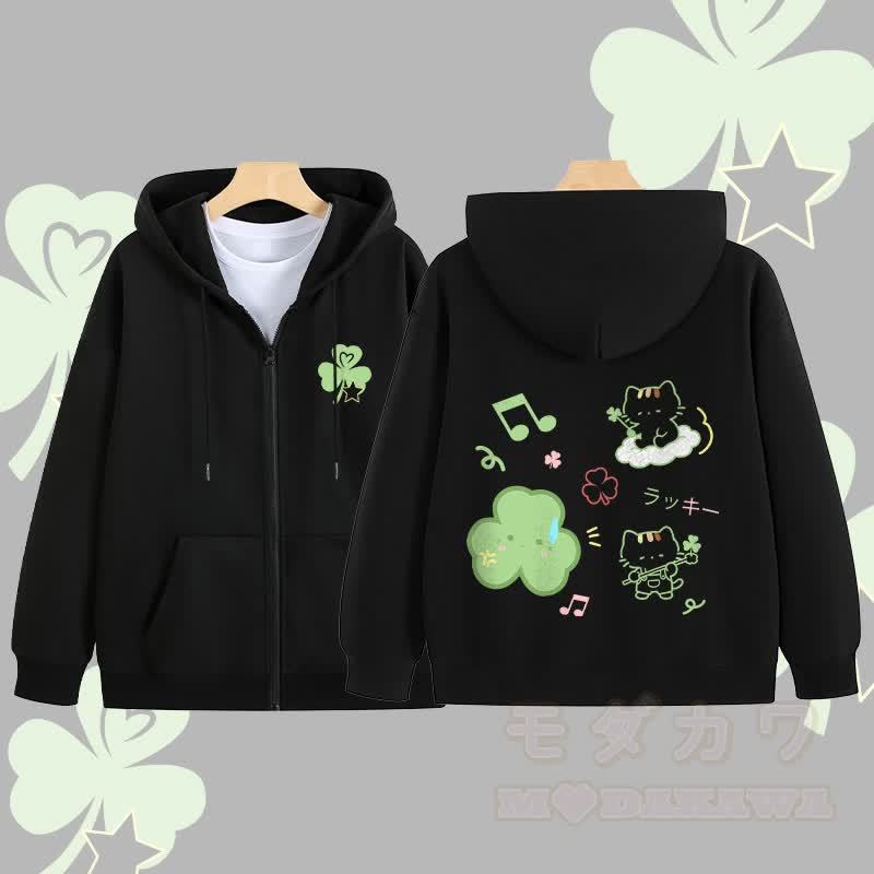 MODAKAWA Triple Clover Katzen-Grafik-Kapuzenpullover mit Reißverschluss - Schwarz - 5XL - image 5