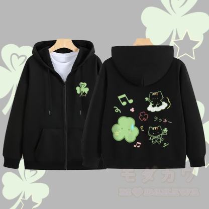 MODAKAWA Triple Clover Katzen-Grafik-Kapuzenpullover mit Reißverschluss - Schwarz - 5XL - image 5