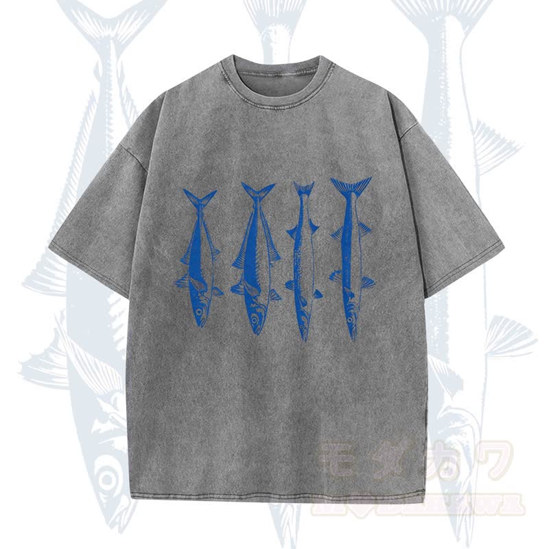 Modakawa Vintage Fischprint gewaschenes T-Shirt - Grau - 5XL - image 4