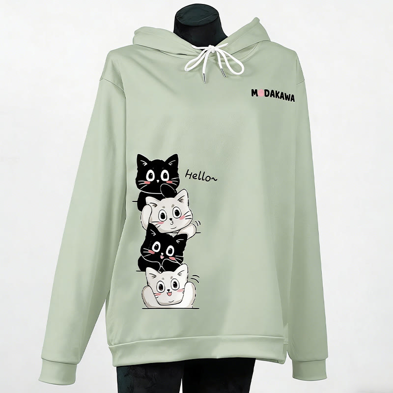 Modakawa-Hoodie mit gestapeltem Katzenmotiv und Buchstabenprint - Green - 6XL - image 7