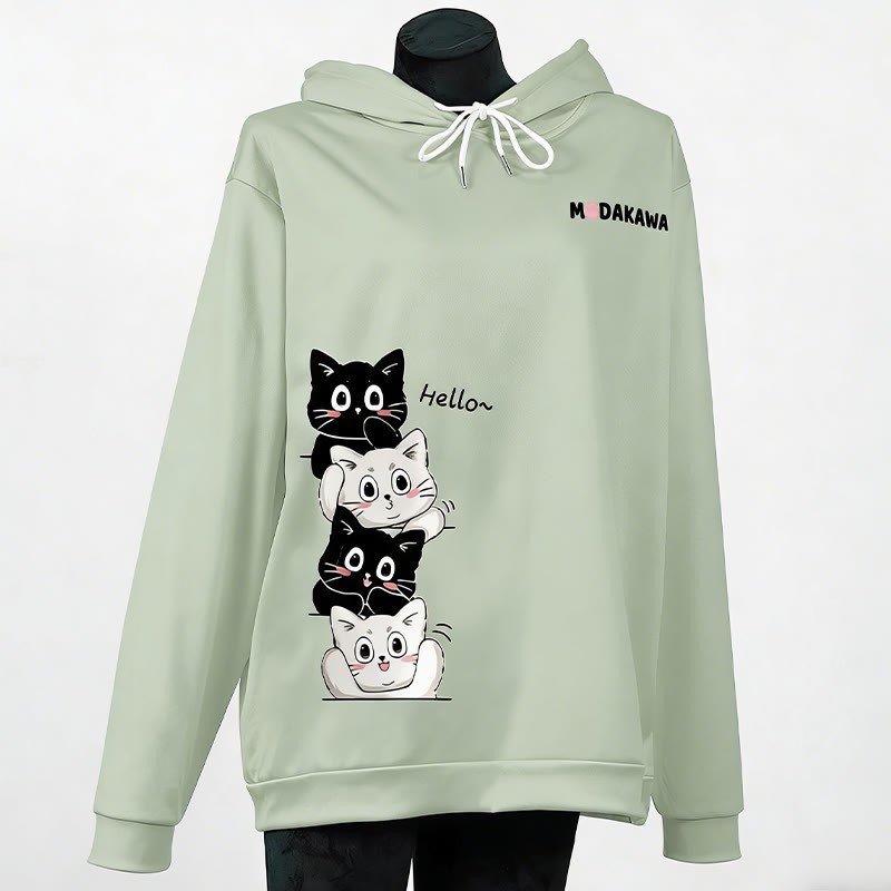 Modakawa-Hoodie mit gestapeltem Katzenmotiv und Buchstabenprint - Green - 6XL - image 7