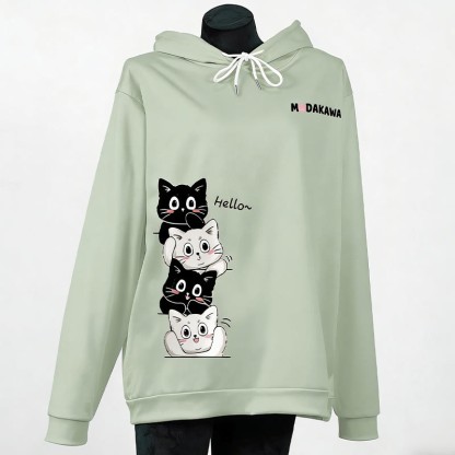 Modakawa-Hoodie mit gestapeltem Katzenmotiv und Buchstabenprint - Green - 6XL - image 7