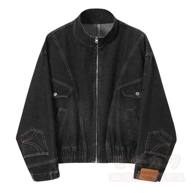 Vintage-Jeansjacke im Used-Look mit Stehkragen und Reißverschluss, dekonstruiert und aus gewaschenem Material - Blau - 3XL - image 5