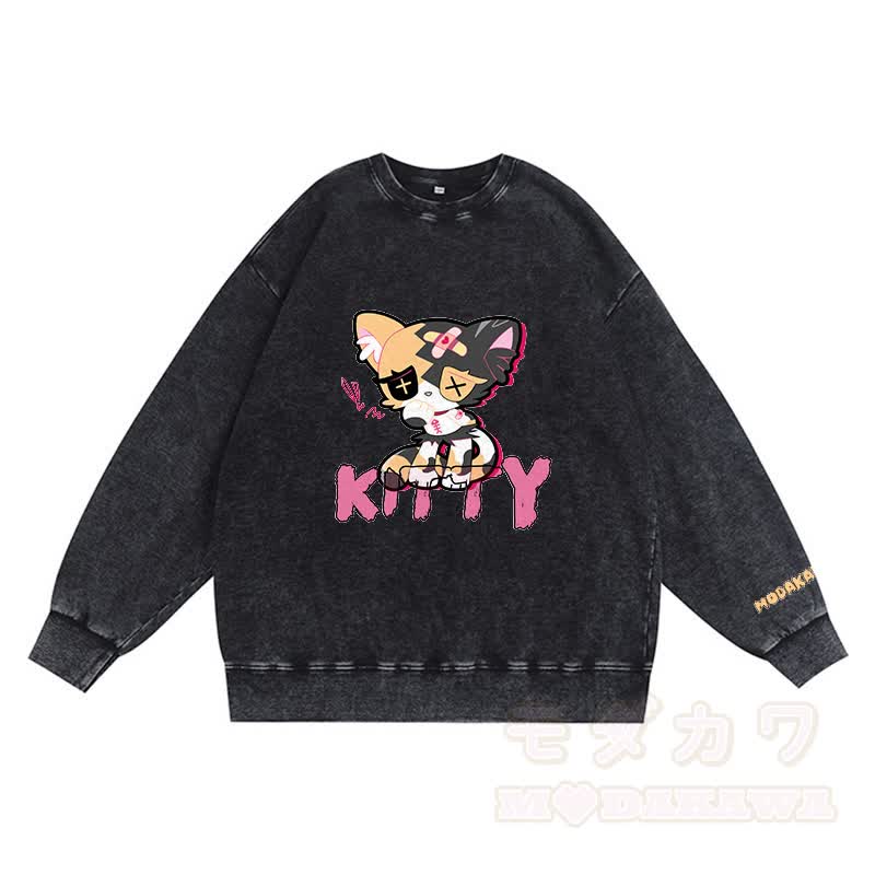 Sad Kitty Grafik Dunkle Ästhetik Unisex Vintage Gewaschenes Sweatshirt - Schwarz - 3XL - image 5