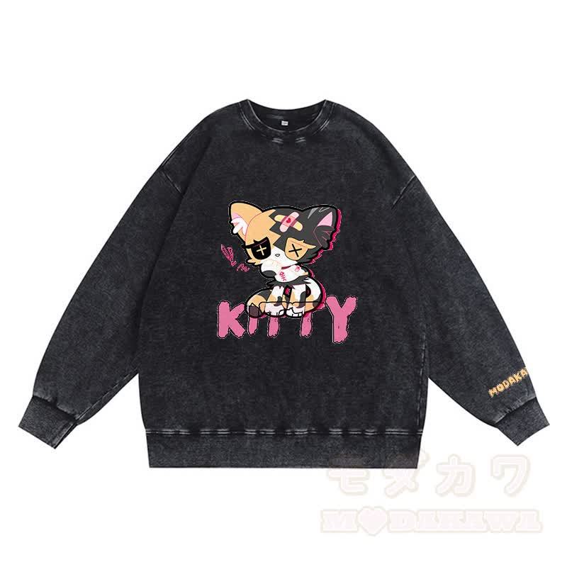 Sad Kitty Grafik Dunkle Ästhetik Unisex Vintage Gewaschenes Sweatshirt - Schwarz - 3XL - image 5