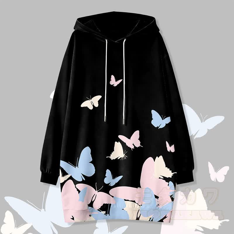 Modakawa Kapuzenpulloverkleid mit Schmetterlingsmotiv und Seitentaschen - Schwarz - 4XL - image 4