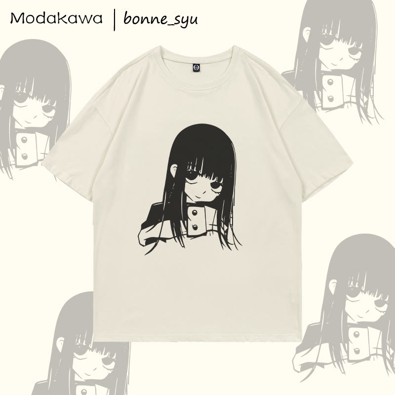 MODAKAWA X bonne_syu Niedliches Anime-Mädchen-Grafik-T-Shirt - Beige - 5XL - image 3