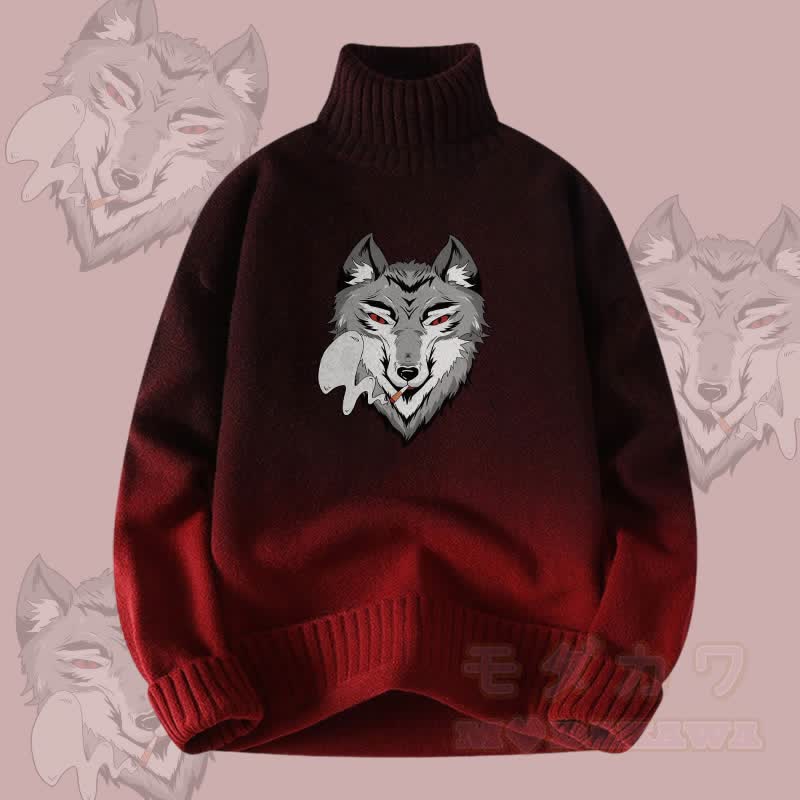 MODAKAWA Smoking Wolf Gradient Strick-Rollkragenpullover - Weinrot - 4XL - image 3