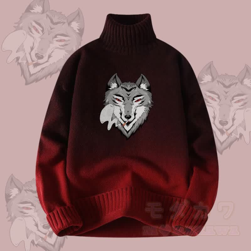 MODAKAWA Smoking Wolf Gradient Strick-Rollkragenpullover - Weinrot - 4XL - image 3