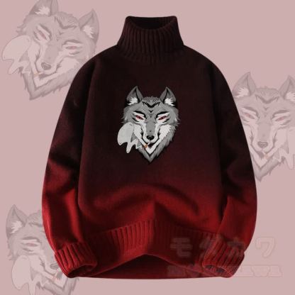MODAKAWA Smoking Wolf Gradient Strick-Rollkragenpullover - Weinrot - 4XL - image 3