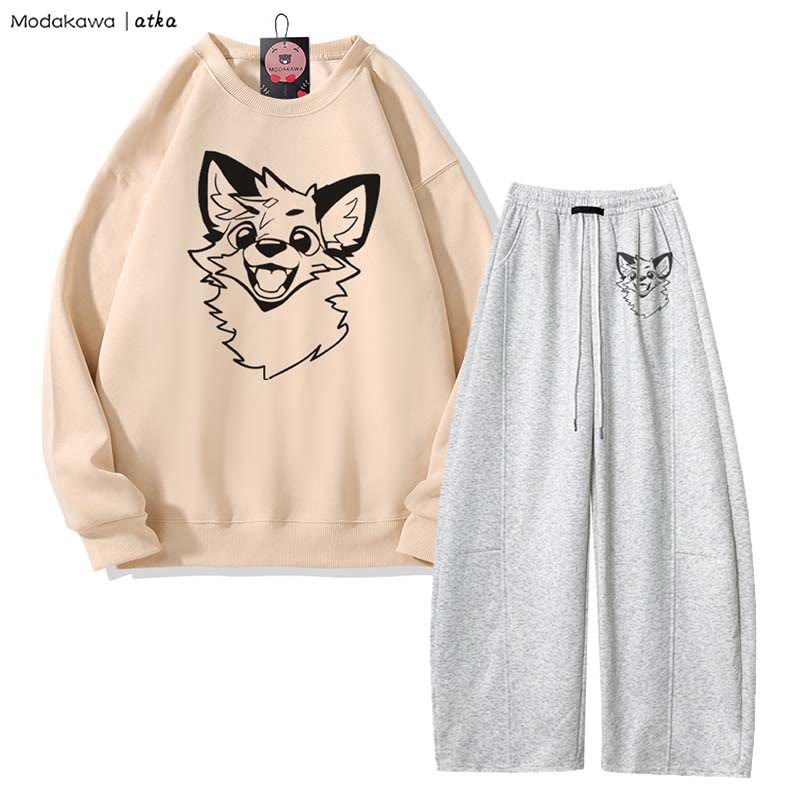 MODAKAWA X atka Verspieltes Fuchs-Grafik-Sweatshirt, weite Hose, zweiteiliges Set - Apricot&Grey - 5XL - image 4