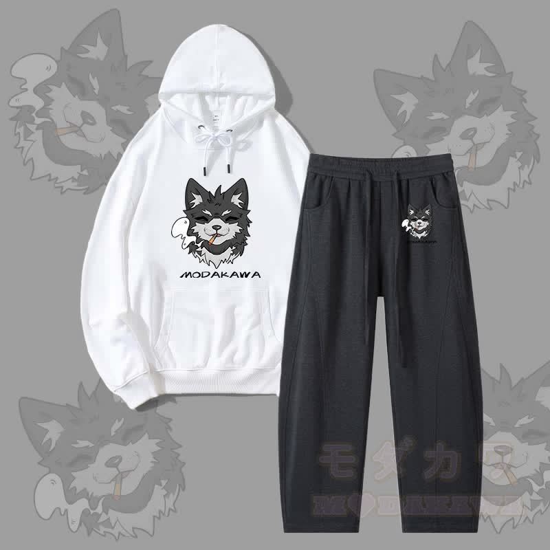 MODAKAWA Koda Smoking Puppy Grafik-Hoodie für Herren, Kordelzughose, zweiteiliges Set - Weiß & Dunkelgrau - 4XL - image 7