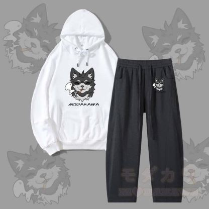 MODAKAWA Koda Smoking Puppy Grafik-Hoodie für Herren, Kordelzughose, zweiteiliges Set - Weiß & Dunkelgrau - 4XL - image 7
