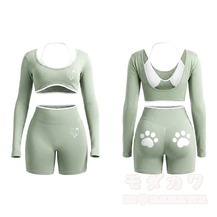 Kitty Graphic Tight Long Sleeve Yoga Top & Shorts Set - Light Green - XL - image 14