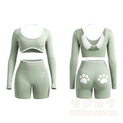 Kitty Graphic Tight Long Sleeve Yoga Top & Shorts Set - Light Green - XL - image 14