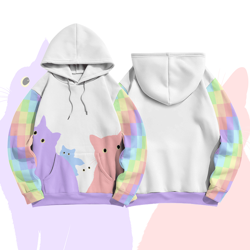 MODAKAWA Pullover-Hoodie mit Regenbogenkatzen-Motiv und Allover-Print - White B - 8XL - image 4