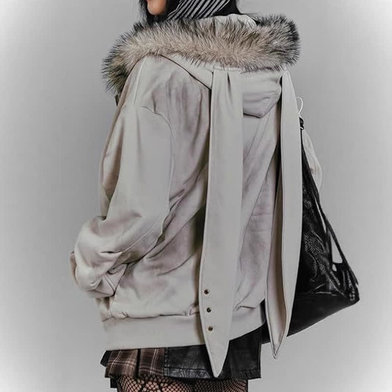 Vintage-Sweatshirtjacke mit Kapuze und Reißverschluss, Hasenohren-Motiv im Used-Look - image 4