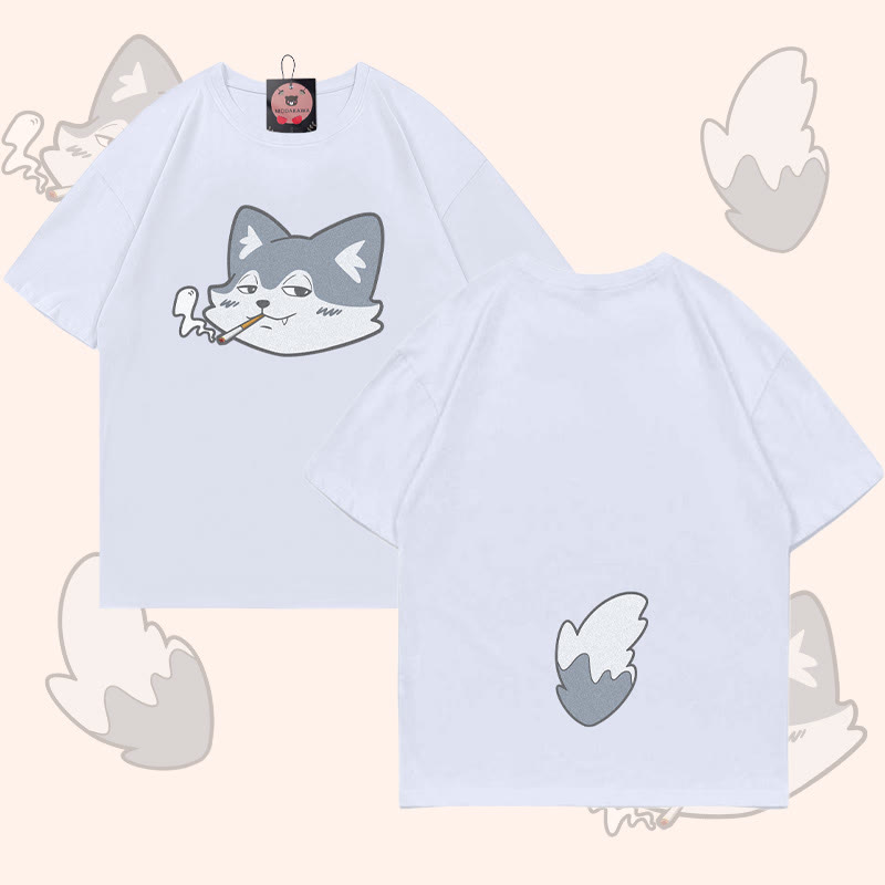 MODAKAWA T-Shirt mit Raucherwolf-Motiv (Gesicht und Schwanz) - White - 5XL - image 4