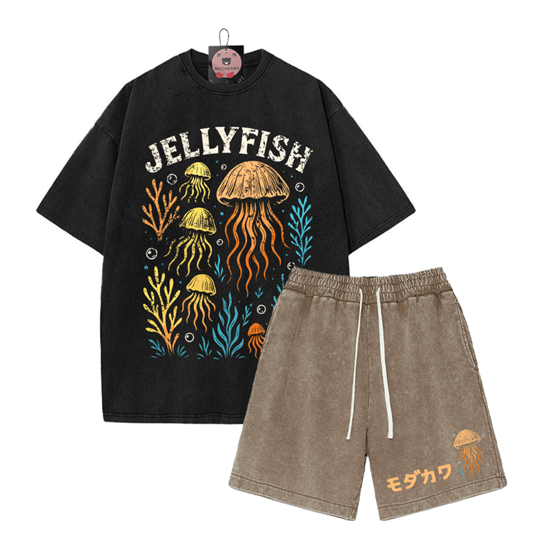 JELLYFISH T-Shirt Vintage Washed Shorts MODAKAWA Zweiteiliges Set - Black&Brown - 3XL - image 10