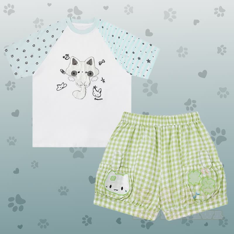 Raglan-T-Shirt mit Katzenmotiv, karierte Shorts und passendes Outfit von Modakawa - Satz D - L - image 4