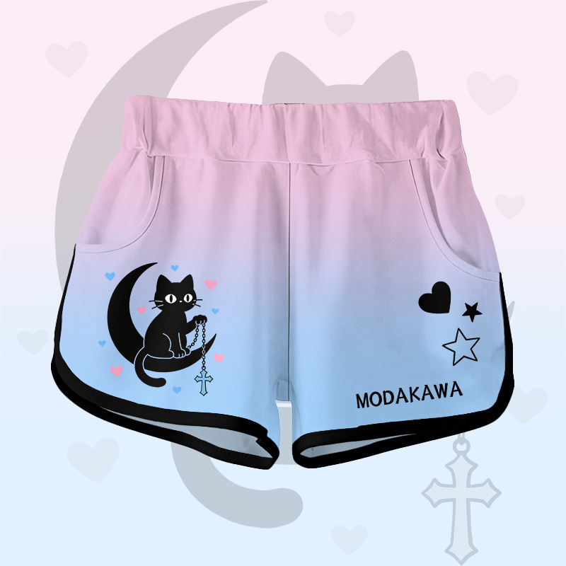Modakawa Shorts mit Farbverlauf, schwarzer Katzen- und Mondgrafik - Pink C - 5XL - image 5
