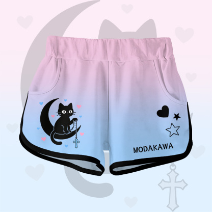 Modakawa Shorts mit Farbverlauf, schwarzer Katzen- und Mondgrafik - Pink C - 5XL - image 5