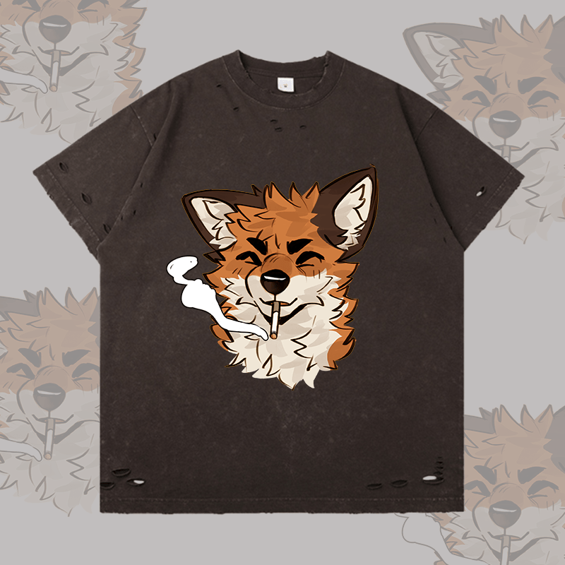 MODAKAWA X atka Fox Smoking Graphic Ripped T-shirt - Dark Brown - 2XL - image 5