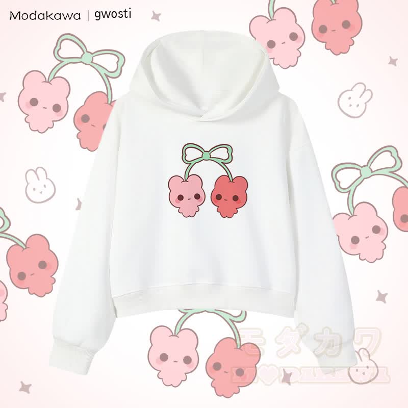 MODAKAWA X gwosti Kirschen Grafik Cropped Cotton Hoodie - Weiß - 3XL - image 3