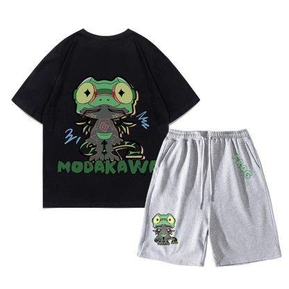Lustiges T-Shirt mit Frosch-Grafik und dunkler Ästhetik, zweiteiliges Set - Schwarz&Grau - C - 5XL - image 18