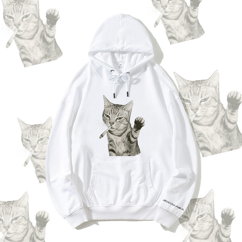MODAKAWA Smoking Cat Grafik Baumwollmischung Streetwear Pullover Hoodie - White - 5XL - image 2