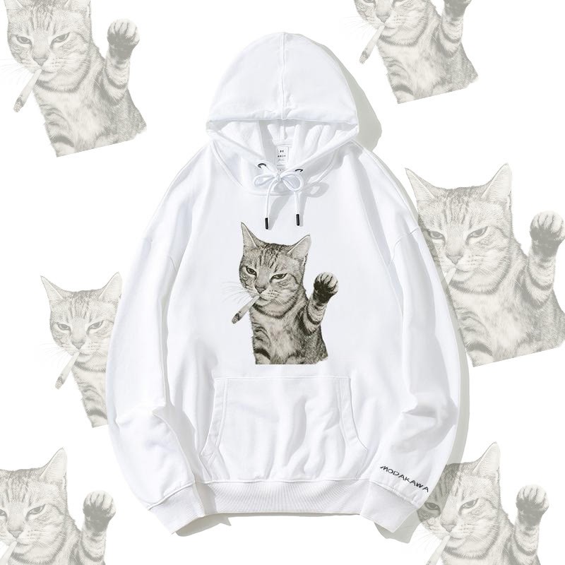 MODAKAWA Smoking Cat Grafik Baumwollmischung Streetwear Pullover Hoodie - White - 5XL - image 2