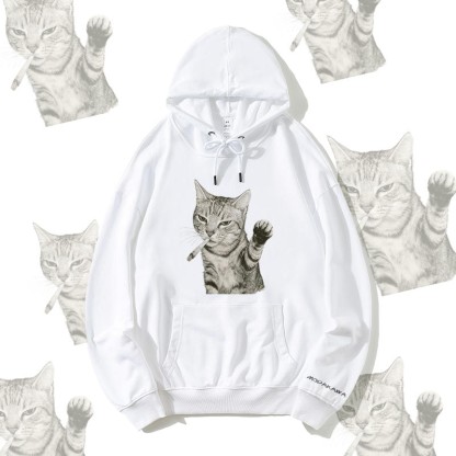 MODAKAWA Smoking Cat Grafik Baumwollmischung Streetwear Pullover Hoodie - White - 5XL - image 2