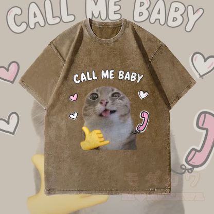 MODAKAWA CALL ME BABY Lustiges Katzenmotiv Unisex Vintage Washed T-Shirt - Dunkelbraun - 4XL - image 3