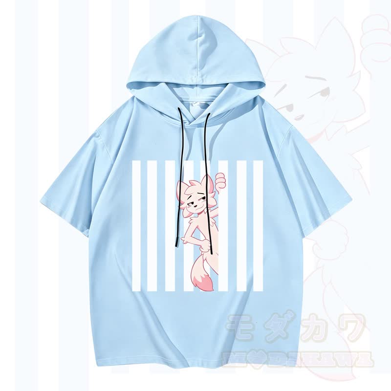 Modakawa Kurzarm-Hoodie mit lustigem Katzenmotiv und vertikalen Streifen - Himmelblau - 3XL - image 5