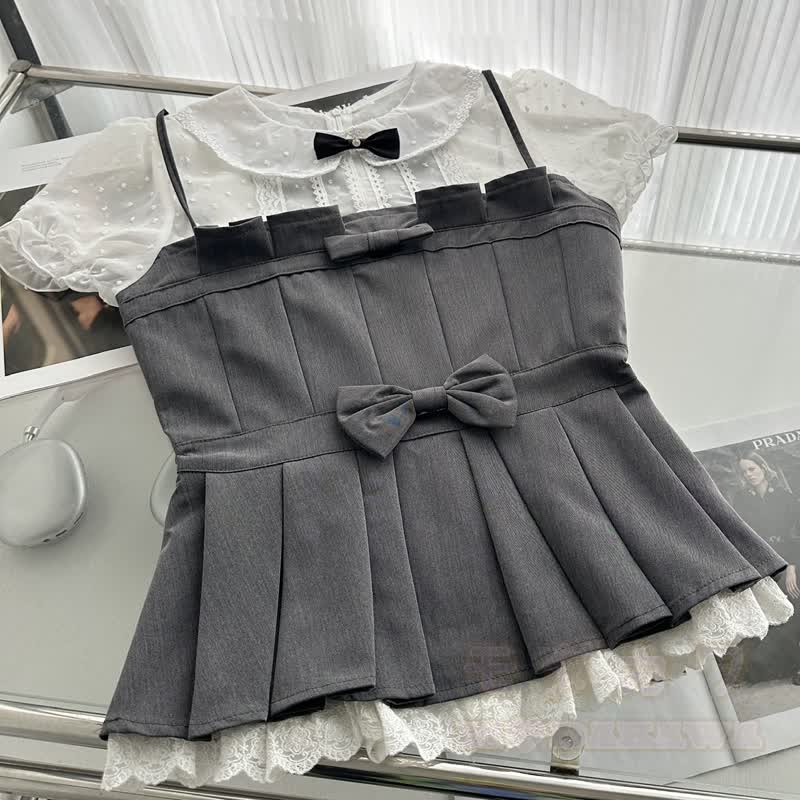 Zweiteiliges Set aus süßem Spitzen-Camisole mit Schleife und Faltenrock - image 5