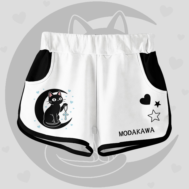 Modakawa Shorts mit Farbverlauf, schwarzer Katzen- und Mondgrafik - White B - 5XL - image 10
