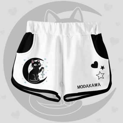 Modakawa Shorts mit Farbverlauf, schwarzer Katzen- und Mondgrafik - White B - 5XL - image 10