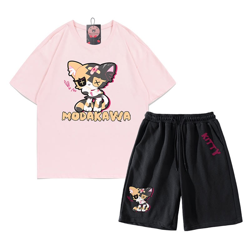 Sad Kitty Grafik Dark Aesthetic T-Shirt Shorts Zweiteiliges Set - Rosa&Schwarz - B - 5XL - image 8