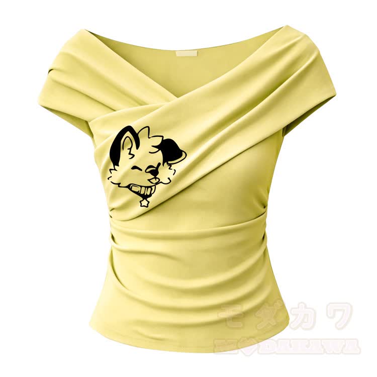 MODAKAWA X popipeko Puppy Graphic Off Shoulder Top mit Rüschenminirock und Stulpen - Gelbes Oberteil - One Size - image 8