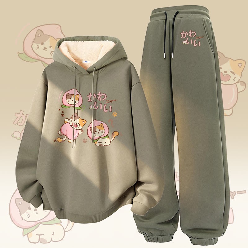 MODAKAWA Zweiteiliges Set aus Kapuzenpullover und Hose mit Pfirsichkatzen-Motiv, dick mit Fleece gefüttert - Green - 5XL - image 2