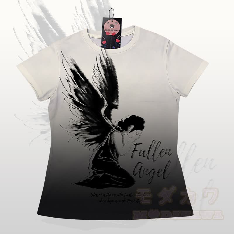 FALLEN ANGEL Grafik-Farbverlauf T-Shirt Shorts Modakawa passendes Outfit - Schwarzes und beiges T-Shirt - 5XL - image 6