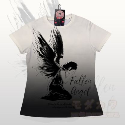 FALLEN ANGEL Grafik-Farbverlauf T-Shirt Shorts Modakawa passendes Outfit - Schwarzes und beiges T-Shirt - 5XL - image 6