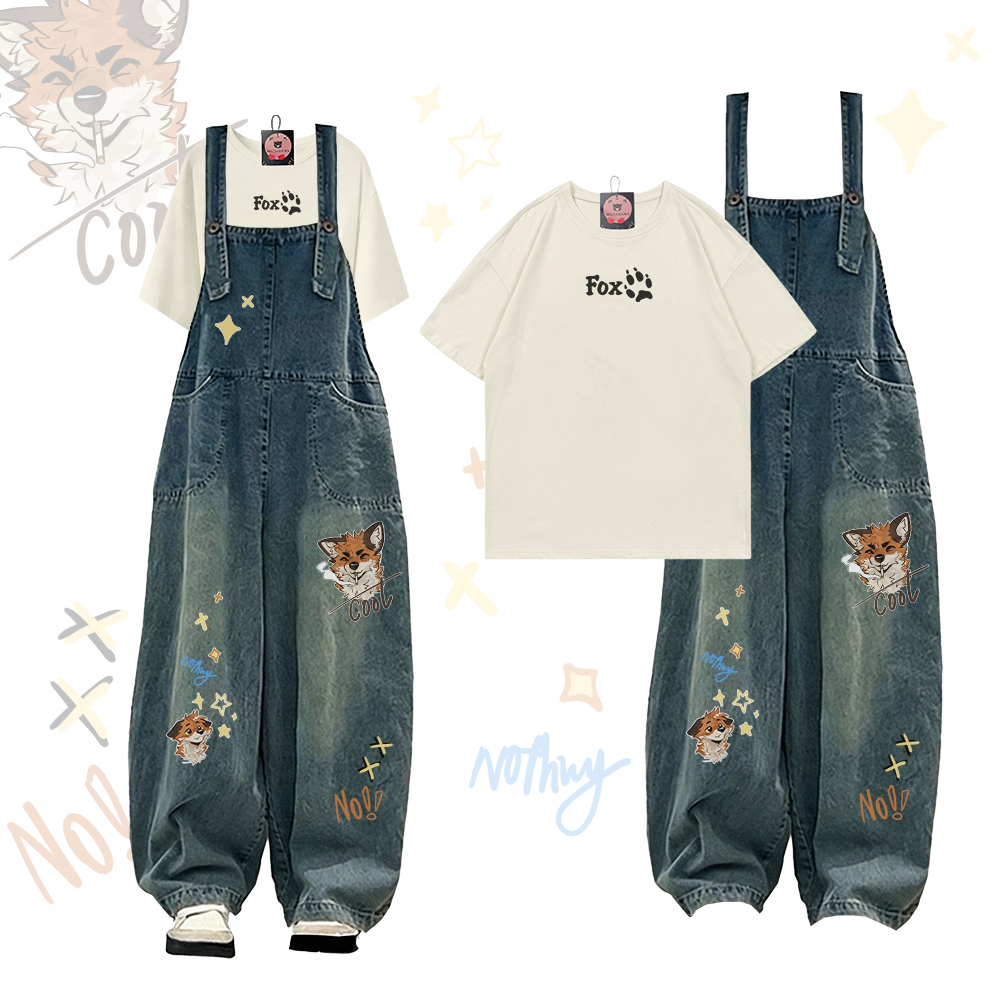 MODAKAWA X atka FOX Paw Graphic T-Shirt und Smoking Fox Graphic Denim Overalls Zweiteiliges Set - Light Beige - 2XL - image 2