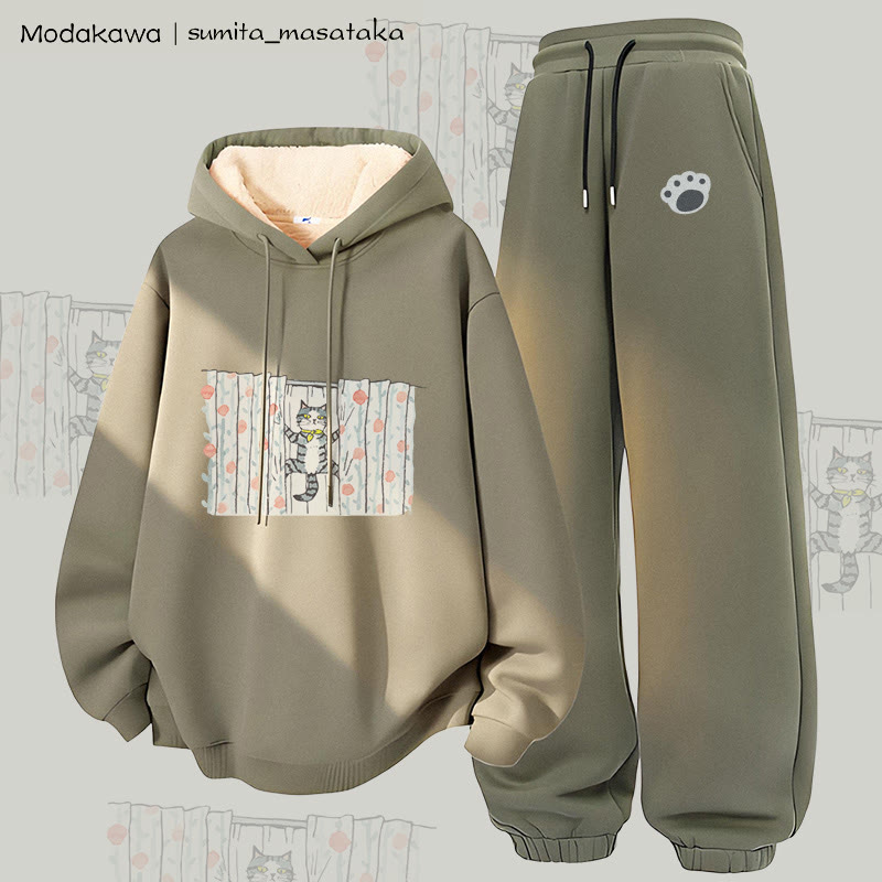 MODAKAWA X sumita_masataka Vorhang Kletterkatze Grafik Dick gefütterter Hoodie Hose Zweiteiliges Set - Green - 5XL - image 4