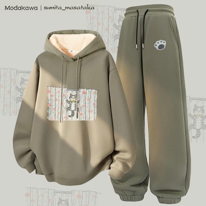 MODAKAWA X sumita_masataka Vorhang Kletterkatze Grafik Dick gefütterter Hoodie Hose Zweiteiliges Set - Green - 5XL - image 4